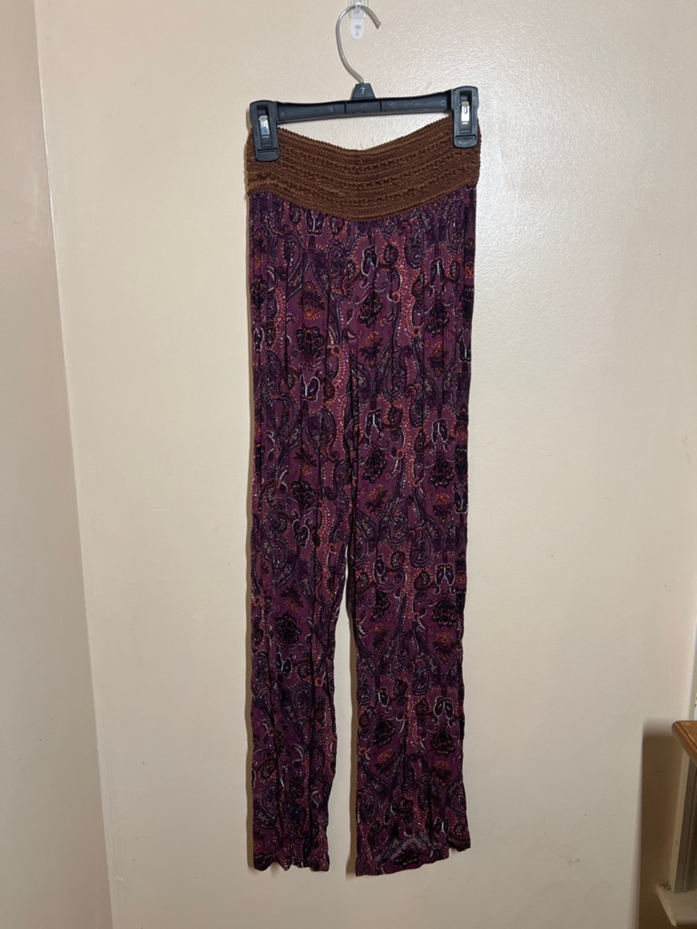 Rue21 Purple Paisley Wide-Leg Pants with Brown Crochet Waistband